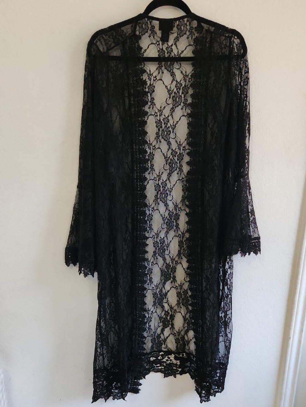 Boho Gothic Black Floral Lace Long Duster Kimono Witchy Vampy Chic XL - Picture 3 of 5